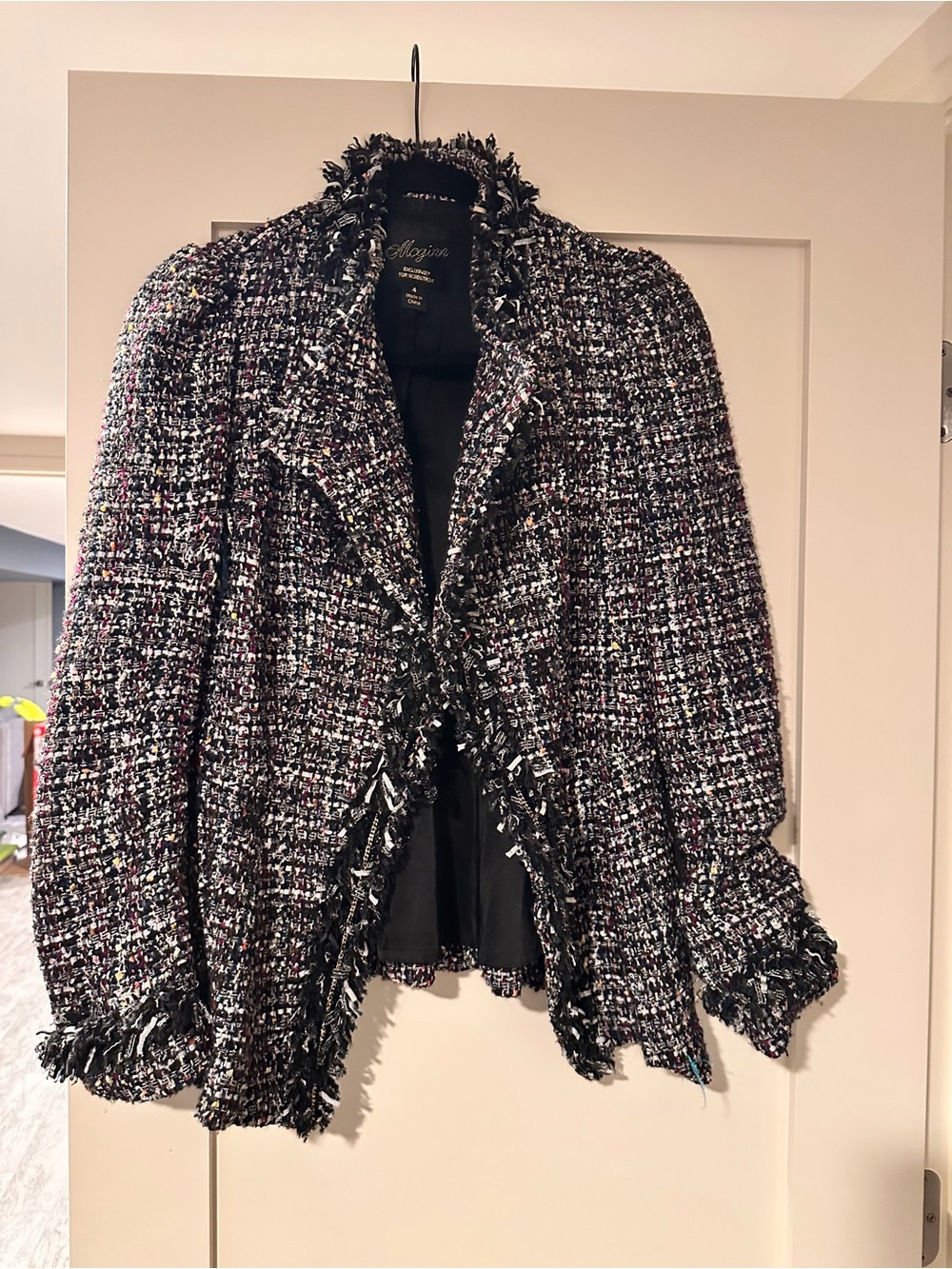 McGinn Tweed Fringe Open-Front Peplum Jacket - Black Multicolor